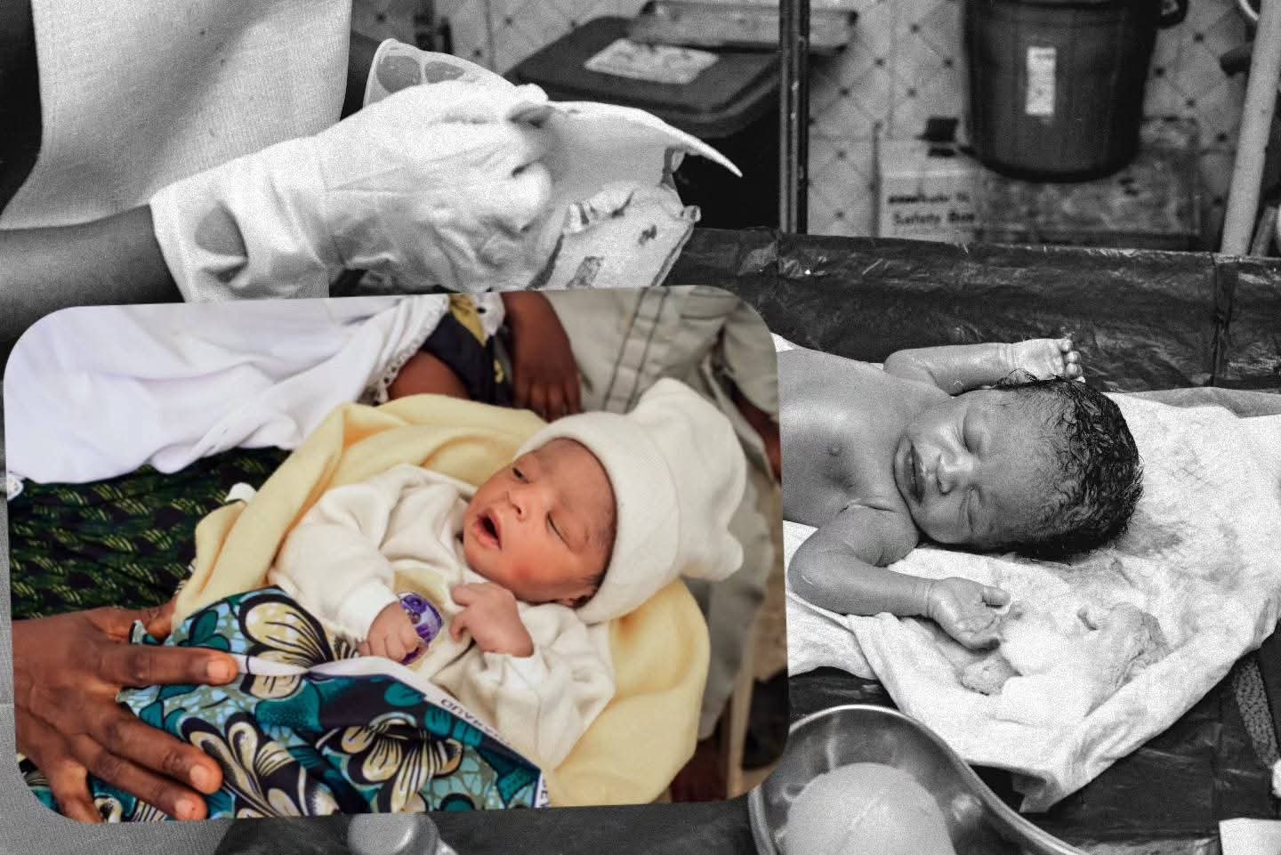 Newborn held by a caregiver in a clinical setting.