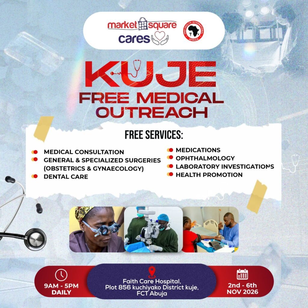 Kuje Free Medical Outreach flyer for 2–6 November 2026 at Faith Care Hospital, Abuja.