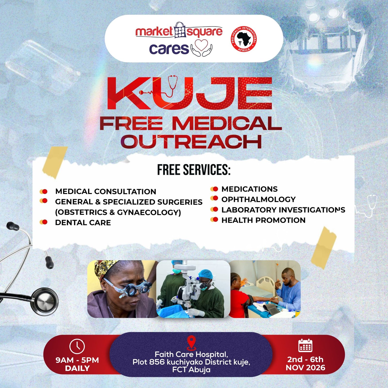 Kuje Free Medical Outreach flyer for 2–6 November 2026 at Faith Care Hospital, Abuja.